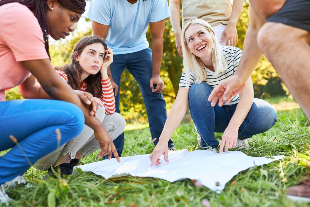 A corporate team participating in a scavenger hunt 