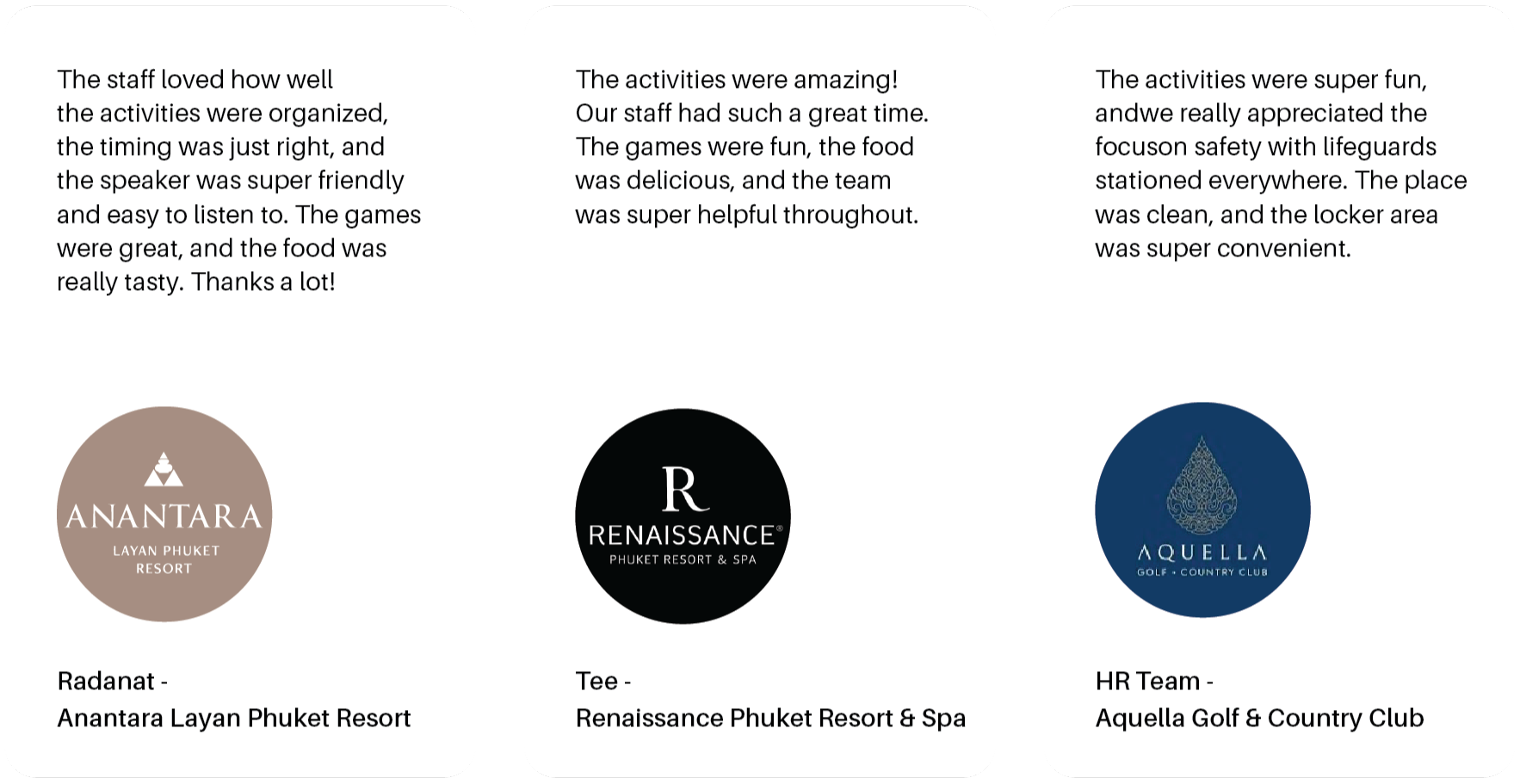 Happy client sharing positive feedback about team bonding experience in Phuket